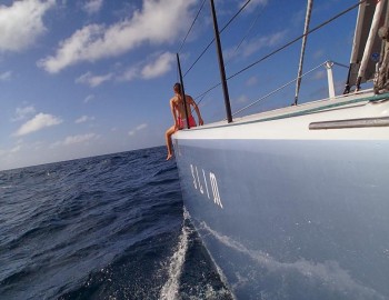 Foxtrot on waves of Atlantic ocean - control of catamaran technologies - Gunboat 66 SLIM